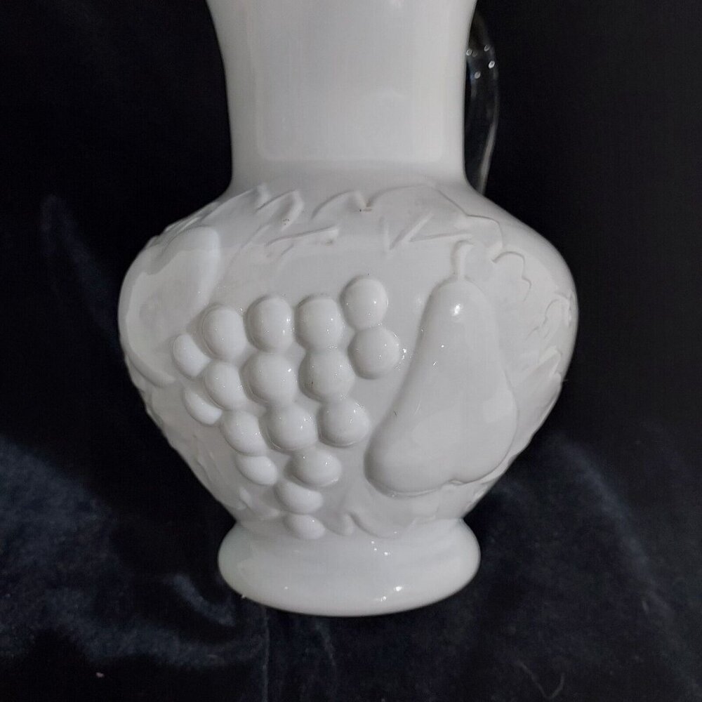 Antique Milk Glass Pitcher Applied Clear Handle Cottage Core Embossed Fruit - Picture 7 of 10